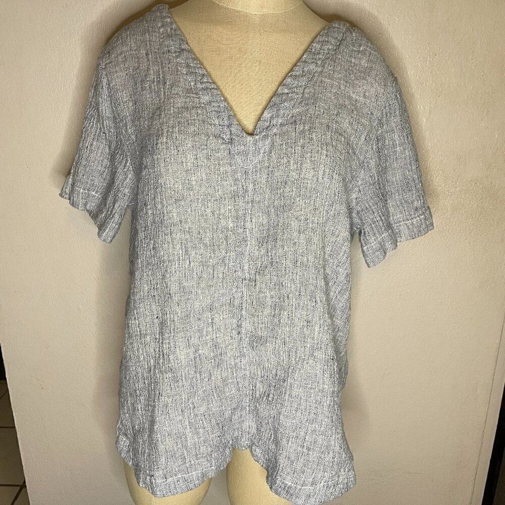 Tahari 100% Linen V Neck Top Blue Relaxed Coastal Lagenlook Womens M